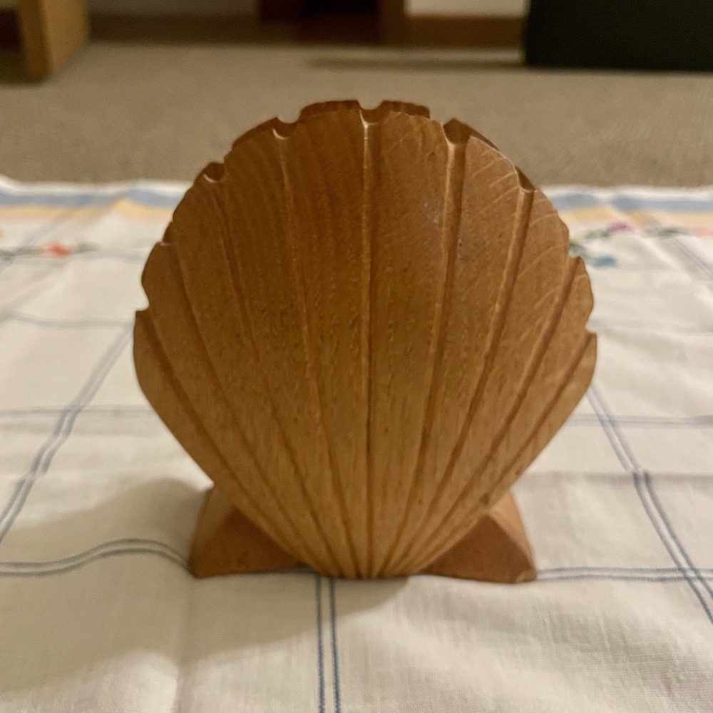 Vintage Nautical Seashell Hand Carved Wood Napkin Holder - 5"